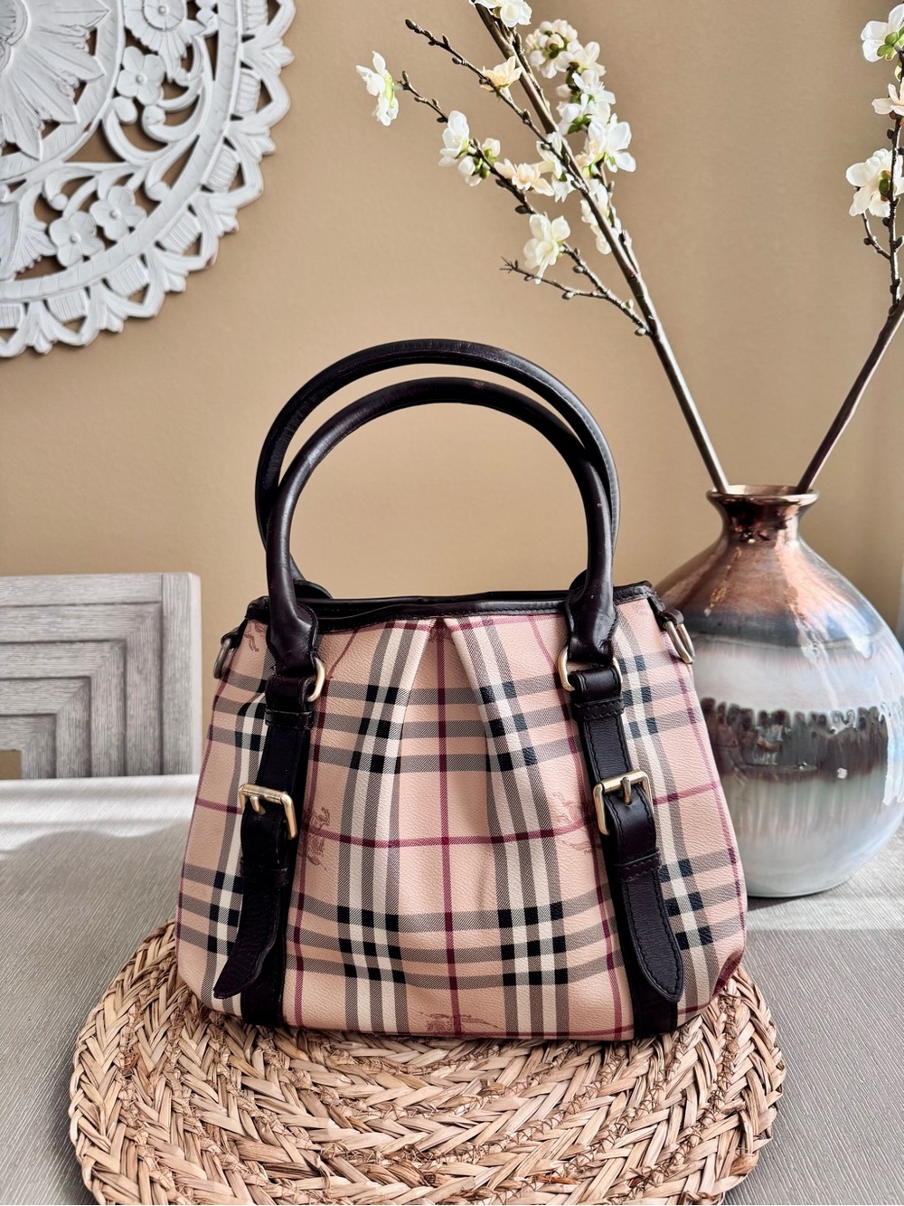 Authentic Burberry Nova Check Plaid Satchel with dark brown leather Trim